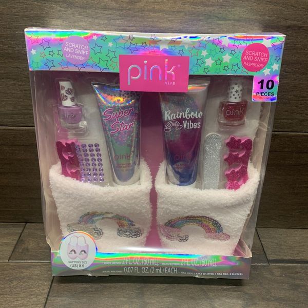 Pink Viva Slippers Nail Rainbow Size 8.5 Manicure Pedicure Lotion Set 10 Pc New