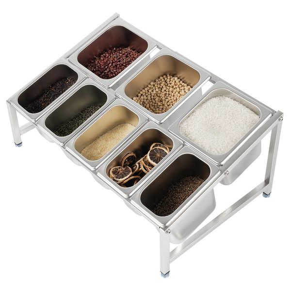 PROYONGOO Stainless Steel Pizza Topping Station with 8 Containers, 2-Tier Inclined Organizer Shelf Condiment Containers with Lids, Condiment Server for Prepping Ingredients and Toppings