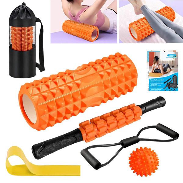 Faszienrolle, Qveetry Foam Roller Faszienrolle Sets mit Massageroller Stab, Widerstandsbänder Krafttraining, Massageball, Fitnessbänder, 33cm Schaumstoffrolle für Yoga Pilates, mit Poster (Orange)