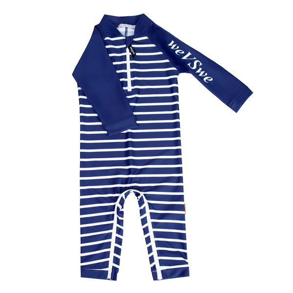 weVSwe Toddler Swimsuit UPF 50+ Sun Protection Recycled Fabric Baby Swimming Costume One Pieces Girl Swimwear Long Sleeve Rash Guard Navy Blue Stripes 6-12 Months