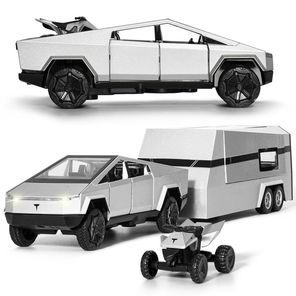 Cybertruck Toy Trucks Cyber Truck Toy Trucks with RV Motorcycle Cybertquad Alloy Die-cast Model Car Pickup Truck 1/32 Race Cars with Sound and Light Ideal Gift for Kids, Silver