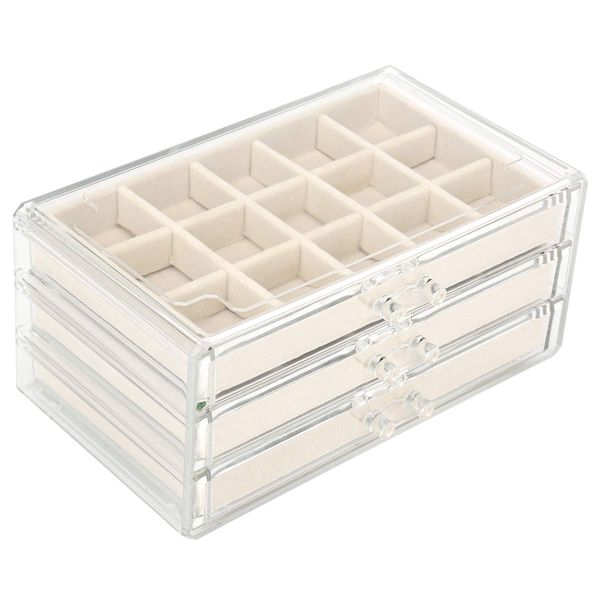 FEISCON Acrylic Jewelry Organizer Makeup Cosmetic Storage Organizer box Clear Jewelry Case with 3 Drawers Adjustable Jewelry Box Velvet Trays grid size