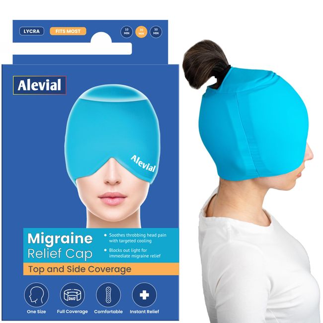 Migraine Relief Cap - Cooling Ice Gel 360 Top & Side Head Coverage - Headache Hat Instantly Soothes - Odourless Cold Head Wrap Mask by Alevial