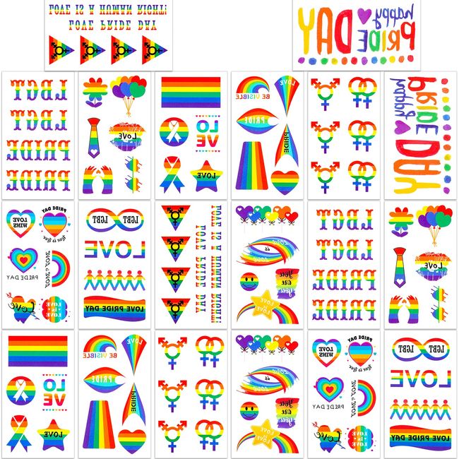 Qpout 20 Blatt Pride Rainbow Temporäre Tattoos Aufkleber, Gay Pride Day Tattoos LGBT LGBTQ Body Sticker Zubehör Regenbogenfahne Temporäre Tattoos Männer Frauen Pride Day Party Parade Celebration