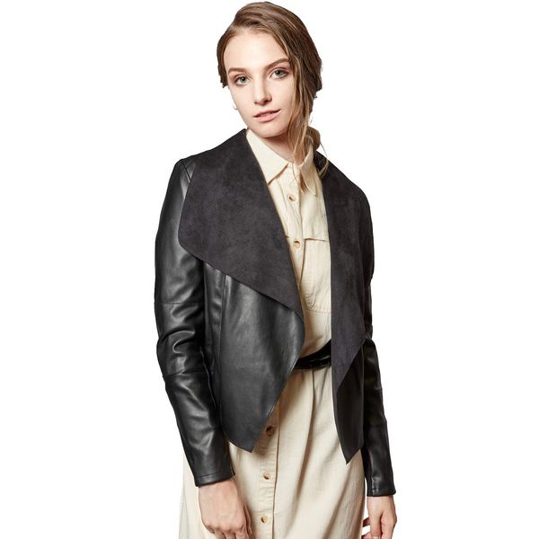 Escalier Women's Faux Leather Jackets Slim Open Front Lapel Blazer Jackets Black X-Large