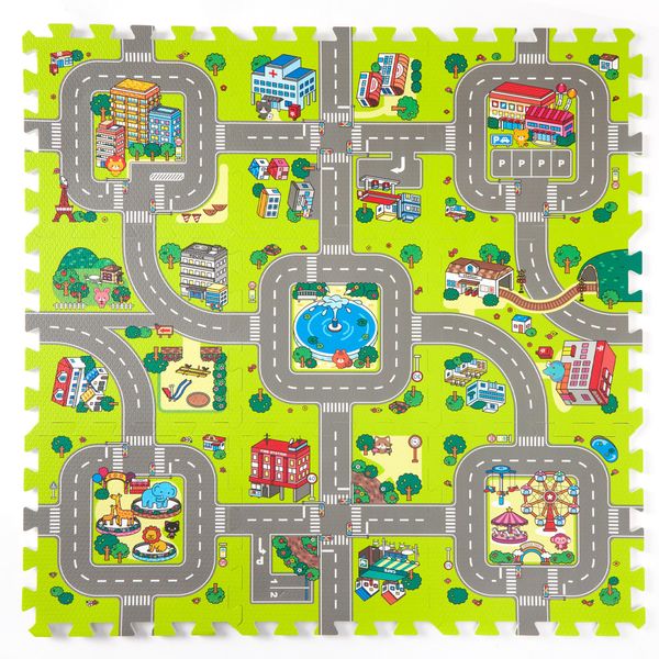 PLAY 10 Baby Play Mats for Floor, Foam Play Mat, Interlocking Foam Tiles City Road Track Puzzle Mat 9 Pieces