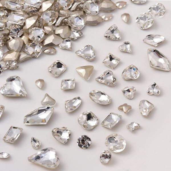 48 Pcs Big Mix Sizes Different Shape Nail Rhinestones 16 Styles 3D Glass Crystals Diamonds Love Distorts Heart Super Shiny Charms Gems Stones DIY Nail Art Decoration Craft Jewelry (White)