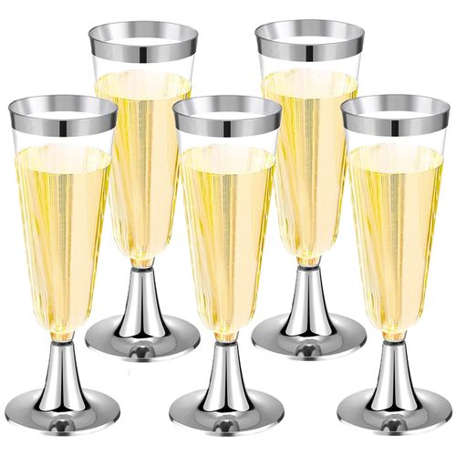 LATERN 30Pcs Plastic Champagne Flutes, 150ml Silver Champagne Glasses Reusable Stemmed Party Wine Cups for Garden Wedding Anniversary Shower Parties (5.5 x 16.5cm)