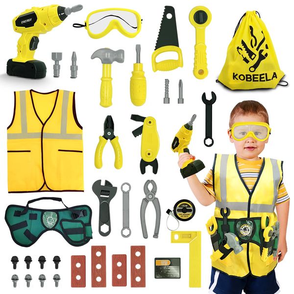 Kobeela Kids Tool Set, 44 Pcs Childrens Tool Kit with Toy Tool Belt, Electric Toy Drill and Construction Worker Costume, Toddler Role Play Tools Toys Gifts for 3 4 5 6 Year Old Boys Girls