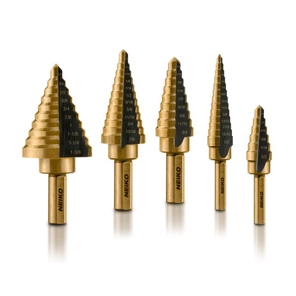 NEIKO 10197A Step Drill Bit Set, 5 Pc Step Bit for Metal, 50 SAE Sizes Total, 1/8” – 1-3/8”, SAE Titanium High Speed Steel Unibit, Stepper Cone Drill Bit, Two Flute Step Down Bits, Step Up Drill Bits