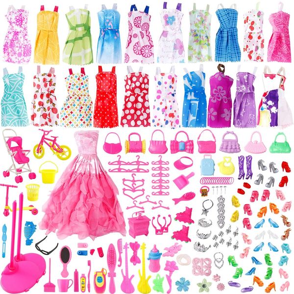 JANYUN Dolls Accessories,114pcs Doll Clothes Party Gown Outfits Set for Doll and Girl Dolls Dresses Accessories Shoes Bags Necklace Mirror Hanger Tableware Stocking Stuffers