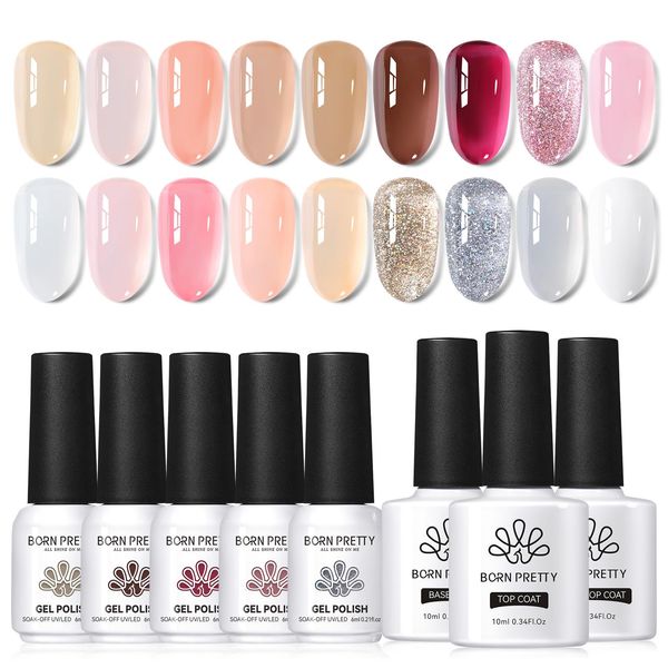 BORN PRETTY Jelly Gel Nail Polish Sheer Clear Nude Pink Gel Polish Set Crystal Transparent Translucent Gel Polish Glossy Matte Top Coat and Base Coat Nail Art DIY Manicure Collection Gift