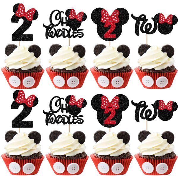 Rsstarxi 24 Pack 2nd Birthday Mouse Inspired Cupcake Toppers, Second Birthday Party Decorations Red Bow Two Oldes Mini Cupcake Picks for Baby Shower 2nd Birthday Party Cake Decorations