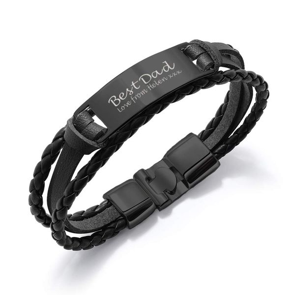 EDSG Personalised Mens Bracelet | Leather Engraved Bracelet Gift for DAD | ID Identity, Customised Monogram, Birthday, Wedding,Christmas, Free Engraving Hand Finished in UK(Black & Black)