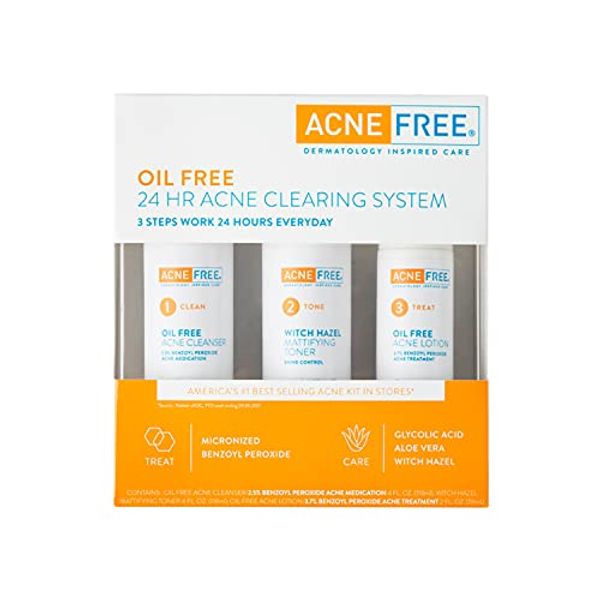 Acne Free 3 Step 24 Hour Acne Treatment Kit - Clearing System w Oil Free Acne Cleanser, Witch Hazel Toner, & Oil Free Acne Lotion - Acne Solution w/ Benzoyl Peroxide For Teens and Adults - Original