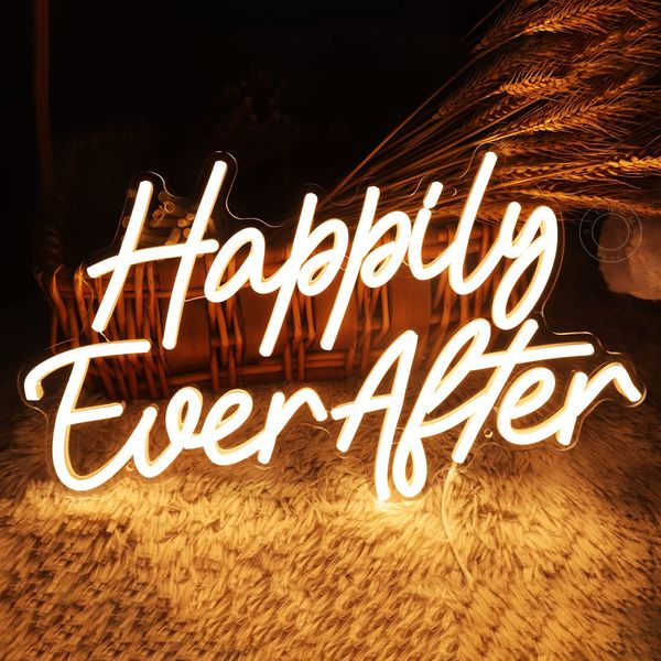 SYLHOME Happily Ever After LED Neon Light Sign Wedding Party Birthday Neon Art Wall Sign Decor USB Bedroom Home Pub Decor Valentine's Day Gifts Night Light 5V Warm White 15.8"X9.2"