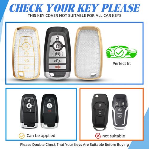 Car Key Cover for Ford, Soft TPU Protection Key Case Compatible With Ford Maverick Lincoln Fusion F150 F250 F350 F450 F550, 5 Buttons Remote Key Protector with Bling Heart Keychain (Gold-White)