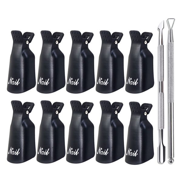 Qufiiry 10 Pcs Nail Polish Remover Clips, Black Reusable Nail Clips, Soak Off Nail Clips Set, Gel Remover Clips For Home and Professional Salon, Include 1 Pcs Gel Polish Scraper, 1Pcs Cuticle Pusher