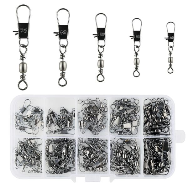 Realure 125 Pcs Fishing Swivels, with Safety Snaps Swivels Fishing Tackle, Sea Fishing Swivels Rolling Swivel for Quick Change Swivels Fishing, for Fishing Hook to Line Connectors (7# 8# 10# 12# 14#)