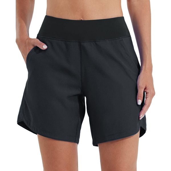 WILLIT Damen 7" Badeshorts Schwimmen Boardshorts Badehose Schnell Trocknend Bikini Shorts High Waisted Trunks UPF50+ UVA Schutz mit Liner Taschen Schwarz Größe 40