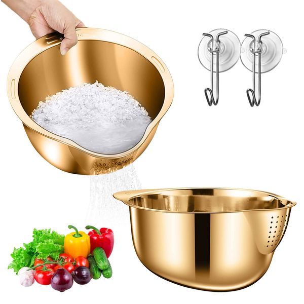 2Pcs Rice Washing Bowl, Stainless Steel Rice Strainer, 3-in-1 Kitchen Integrated Strainer, Metal Draining Bowl, Multipurpose Fine Mesh Strainer for Washing Rice and Vegetables (Gold)