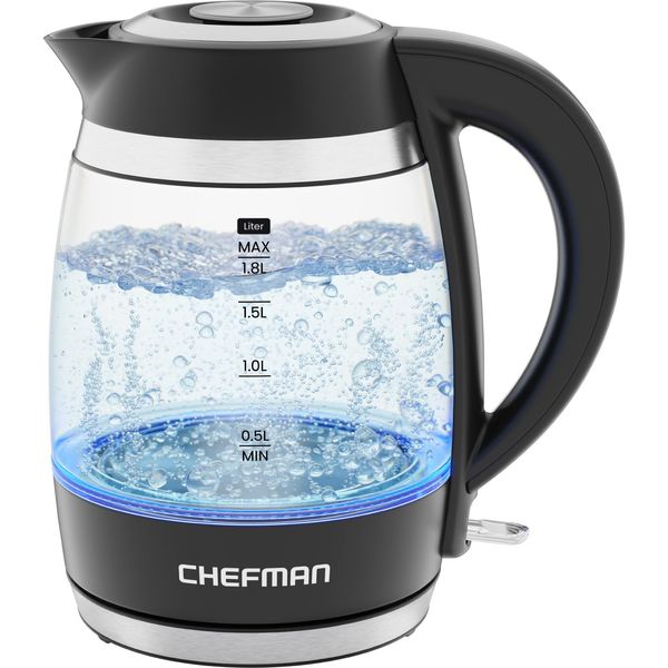 Chefman Electric Kettle, 1.8L 1500W, Hot Water Boiler, Removable Lid for Easy Cleaning, Auto Shut Off, Boil-Dry Protection, Stainless Steel Filter, BPA Free, Borosilicate Glass Electric Tea Kettle