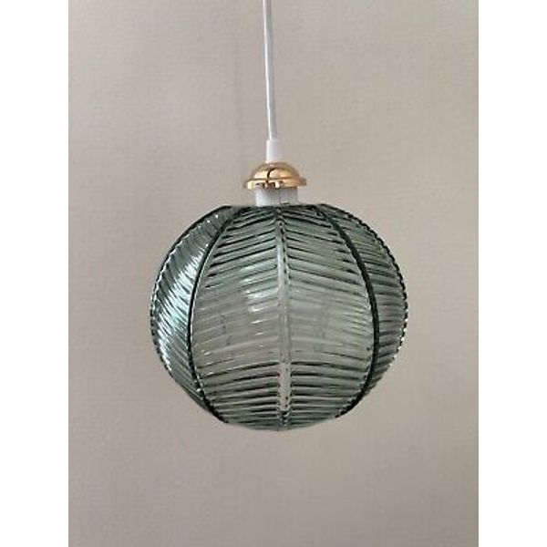 Green Glass Pendant Light Ribbed Pumpkin Globe Hanging Kitchen Dining Bedroom 9”