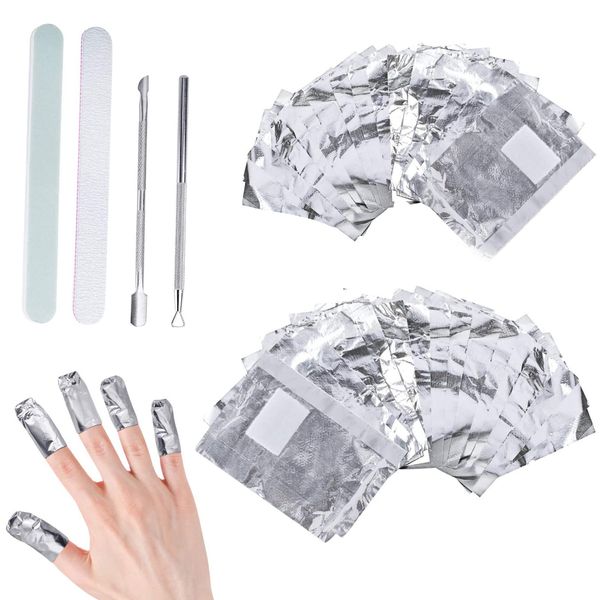 200 Pcs Super thin Foil Nail Wraps Remover, Nail Polish Remover Foil Wrap with Cuticle Pusher, Aluminium Nail Polish Remover, Nail file & Nail Buffer Block, For Gel Nails Removal