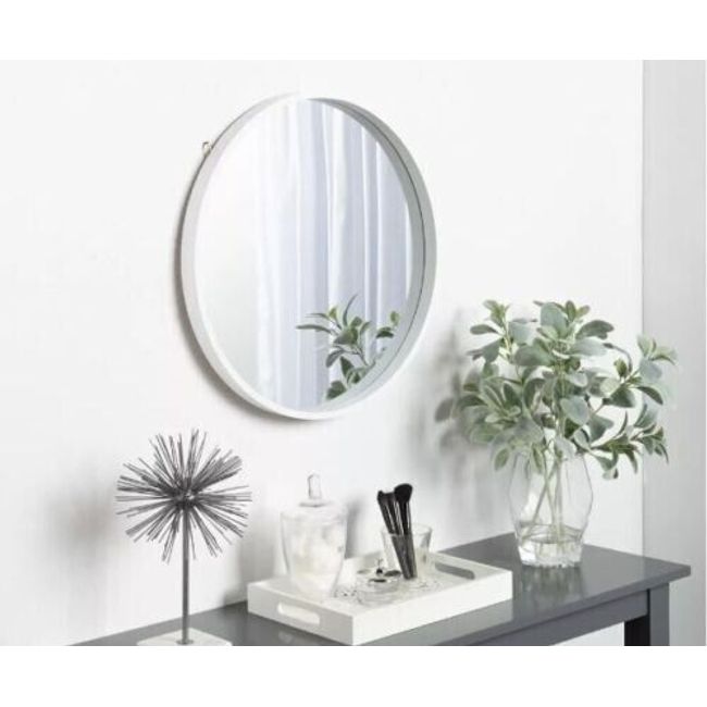 Travis Round Wood Wall Mirror, 21.65" Diameter, White, Modern Wall Décor Accent