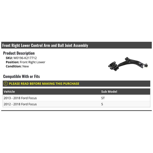 Front Right Passenger Side Lower Control Arm and Ball Joint Assembly - Compatible with 2012-2018 Ford Focus