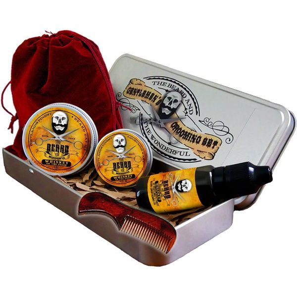 Beard Grooming Kit for Men in Metal Tin - Mens Grooming Kits with Moustache Wax, Beard Oil, Beard Balm, Pocket Sized Mens Comb & Beard Scissors | Dad Gifts, Men Beard Growth Kit | Whiskey on the Rocks