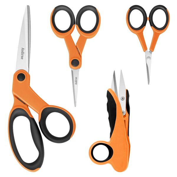 Fabric Scissors, Scissors Set with Sharp Stainless Steel Blade and Soft Handles, Including Sewing Scissors, Craft Scissors, Thread Snipers and Embroidery Scissors, 4PCs, Orange/Black