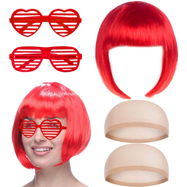 BDSHUNBF 5PCS Short Bob Wig, Heat Resistant Synthetic Wigs, Women's Wigs for Daily Party, Shoulder Length Wig, Costume Colorful Cosplay, Bachelorette Neon Party Favors, Halloween Decorations(Red)