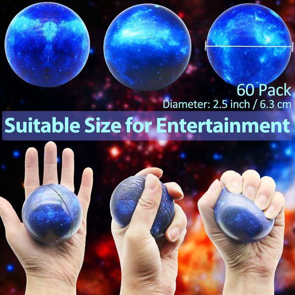 60 Pack Galaxy Stress Balls Bulk for Kids Adults 2.5 Inch Space Squeeze Anxiety Fidget Sensory Balls Children Outer Space Relief Balls for Birthday Party Favors Finger Exercise School Carnival Gift