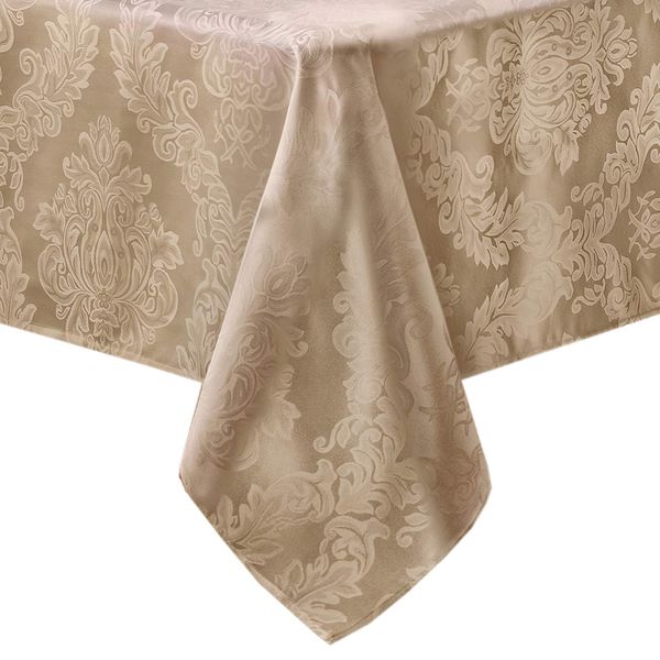 Newbridge Barcelona Luxury Damask Fabric Tablecloth, 100% Polyester, No Iron, Soil Resistant Dining Room, Party Banquet and Holiday Tablecloth, 60 Inch x 84 Inch Oblong/Rectangle, Golden Beige