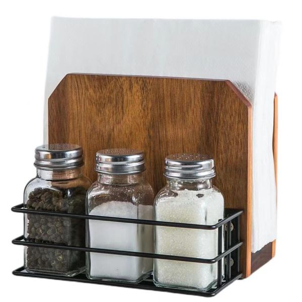 Nelybet Napkin Salt and Pepper Holder, Acacia Wooden Napkin Holder For Table With Salt and Pepper Shakers Caddy,Farmhouse Napkin Holder With Metal Stand for Kitchen Dining Room Decor 6.1x5.2x5.5