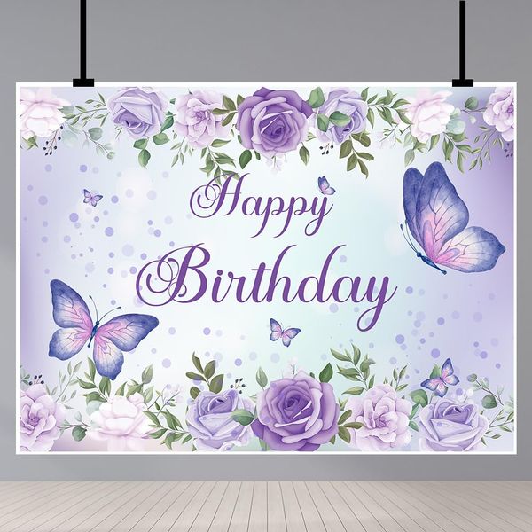 5x4Ft Butterfly Happy Birthday Backdrops Purple Butterfly Rose Flowers Birthday Decorations Girls Birthday Party Backdrop Decoration Cake Table Banner Happy Birthday Photography Background