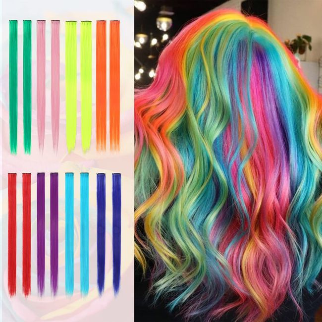 Sofeiyan Farbige Haarverlängerung Party Highlights 56cm Bunte Glatte Haarverlängerungen 16 Pcs Lange Haarteile Mehrfarbig Clip in Haarschmuck für Frauen Mädchen Kinder Party Kostümen, Regenbogen