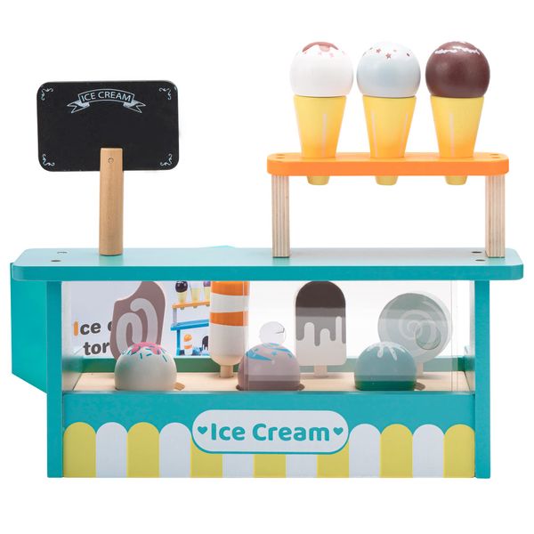 FlameFlash Ice Cream Shop Pretend Toy, Wooden Ice Cream Cones and Popsicle Counter Play Set for Kids Play Kitchen, Ice Cream Cart Toys for Toddlers, Fun Creative Ice Cream Pretend Play