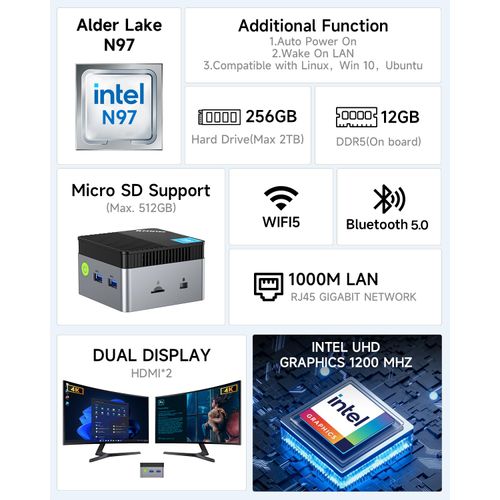 GMKtec Mini PC NucBox G5, Intel 12th Gen Alder Lake N97 (up to 3.6GHz), 12GB RAM 256GB M.2 SSD, Home, Business, Office Mini Computer, 4K UHD Dual HDIMI, RJ45 Ethernet