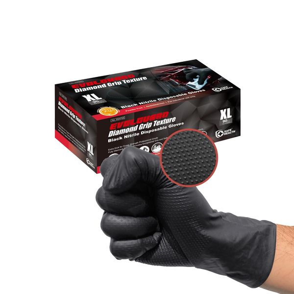 Safe Health Nitril Einweghandschuhe Schwarz 90 Stück/Box, Nitrilhandschuhe XL Extra Stark Pulverfrei Latexfrei Handschuhe Einweg Fettbeständig, Putzen Kfz, Werkstatt Zubehör in Gr. M, L & XL