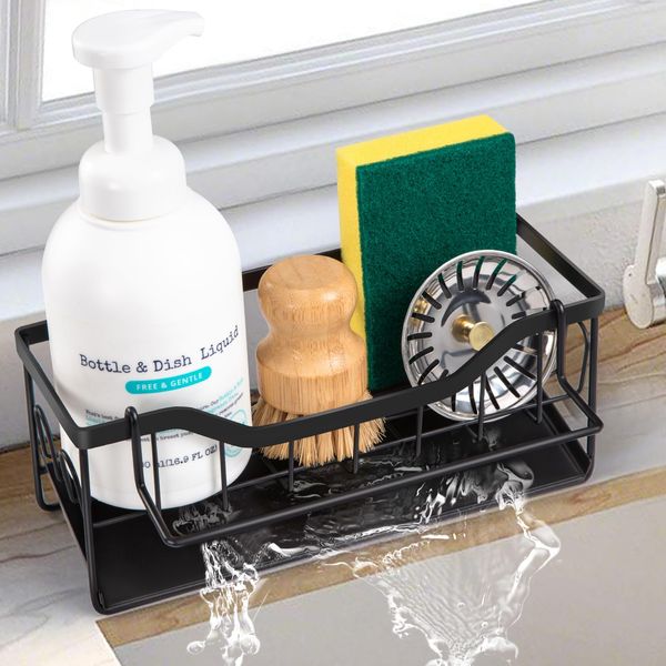 Sinnsally Kitchen Sink Caddy Organiser,Sink Tidy Kitchen Sink Organizer,Sink Storage Rack with Self Draining Tray,Dishcloth Hanger,Washing up Utensil Caddy,Soap and Sponge Holder for Kitchen,Black