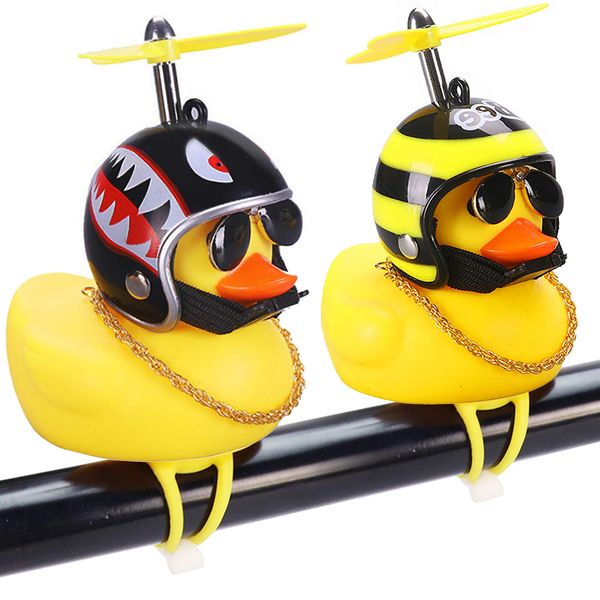 wonuu Rubber Duck Car Ornaments, 2Pcs Yellow Duck Car Dashboard Decorations Squeeze Duck Bicycle Horns with Propeller Helmet