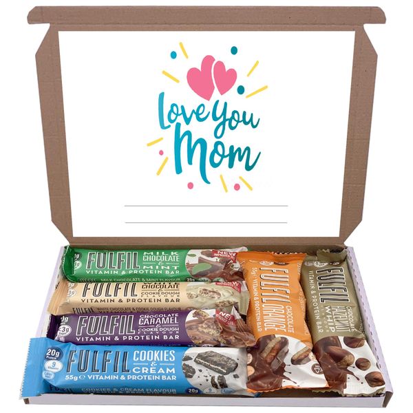 Fulfil Protein Bars & Vitamins Chocolate 6x60g Gift Box Hamper Snack Low Sugar Carbs Fulfill Bar (I Love You Mom)