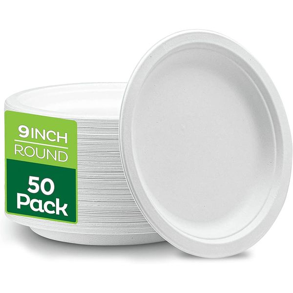 Super Rigid Disposable Plates (9 Inches) (Pack of 50) 100% Biodegradable, White Bagasse Paper Plates, Made of Sugarcane Fibers - Perfect for Picnics Parties