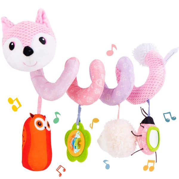 Koty Car Seat Toys, Infant Baby Spiral Plush Activity Hanging Toy for Stroller Bar Pram Crib with Music Box BB Squeaker & Rattles(Pink Fox)