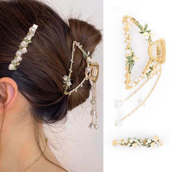 Bohend Blume Blatt Haarklaue Perlen Dicke Haarspange Hochzeit Makramee Kopfclips Stark Groß Haarstyling-Zubehör für Frauen Mädchen (2)