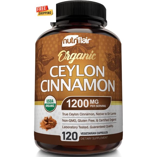 Organic Ceylon Cinnamon Supplement 1200mg - 120 Capsules - Non-GMO, Gluten-Free