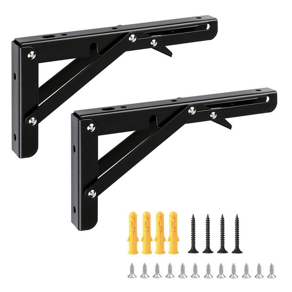 Shelf Bracket, Foldable, L-Shaped Bracket, Shelf Support, Load Capacity 110.2 lbs (50 kg), Set of 2, 7.9 inches (20 cm) (Black)