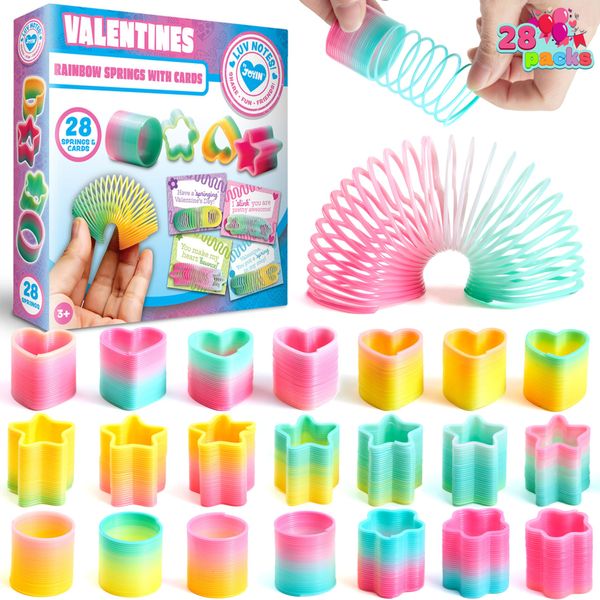 JOYIN 28 Packs Rainbow Springs with Valentine's Day Cards, Bright Colors Coil Spring Toy Bulk, Stress Relieve Anxiety Toys for Kids Birthday Gift, Game Prizes and Party Favors